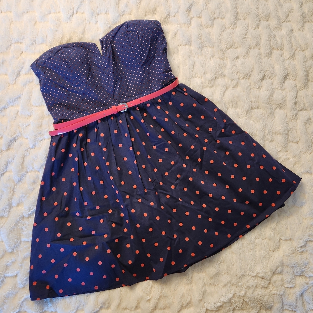 NWOT Blue with Pink Polka Dot Strapless Dress, Bailey Blue